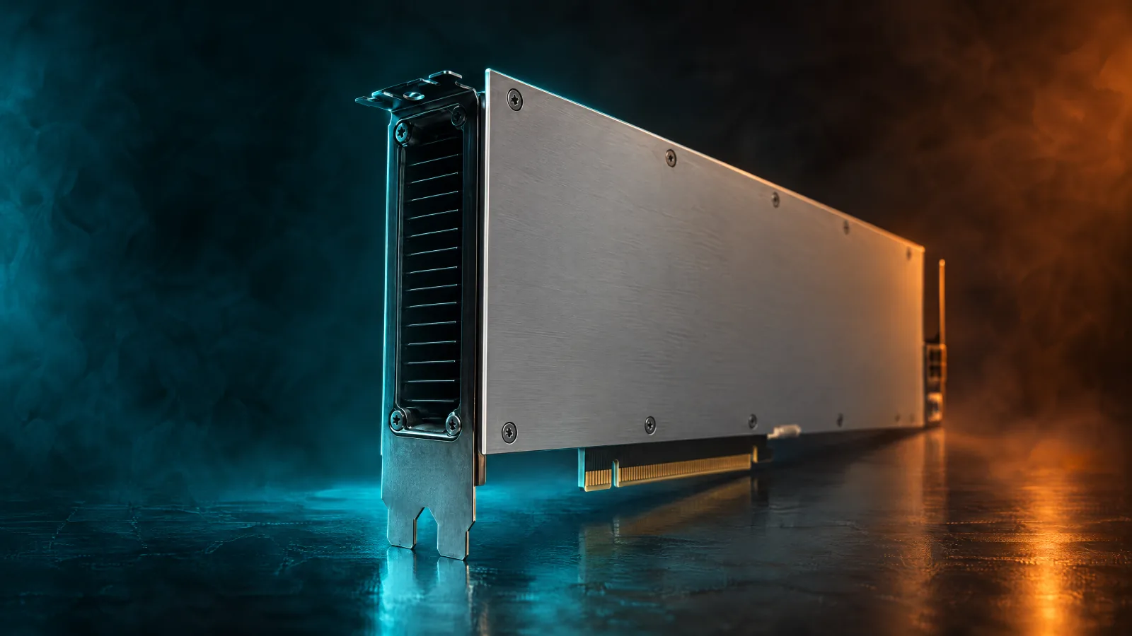 Render of a CMP 170HX card in teal and orange light